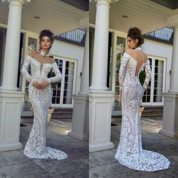 2019 Mermaid Wedding Dresses High Neck Off The Shoulder Lace Appliqued Sweep Train Beach Wedding Dress Custom Long Sleeve Bridal Gowns