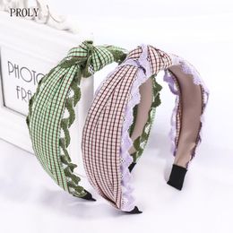 New Fashion Women Hair Accessories Fresh Lace Grid Lace Headband For Adult Center Knot Headwear Soft Turban Wholesale