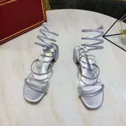 Chunky Heel Sandals Mulheres da festa de casamento sandálias de Verão Cristais Shoes Mulheres Strappy Abrir Toe Sandal Cobra-Wrap Estilo