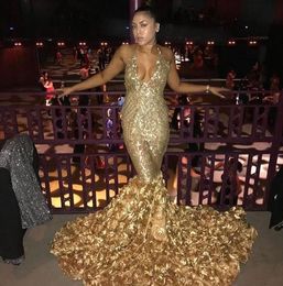 Sexy Gold Mermaid Prom Dresses 2019 African Black Girls Deep V Neck Holidays Graduation Wear Evening Party Gowns Custom Made Plus Size