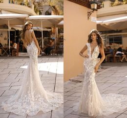 Sexy Shinny Full lace Mermaid Wedding Dresses 2024 New Vintage Backless Deep V Neck Beach Bohemian Bridal Gown 99