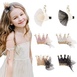 15561 Baby Girls Cartoon Swan Barrettes Crown Hair Clips Princess Girls Hairpin Barrette Children Accessories