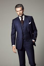 New Latest Design Two Button Blue Stripe Groom Tuxedos Groomsmen Best Man Suits Mens Wedding Blazer Suits (Jacket+Pants+Vest+Tie) 1158