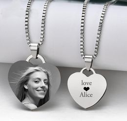 Customised Necklaces Engrave Photo Name Necklace Stainless Steel Heart Pendant Chain Necklace Jewellery For Women ID Tag