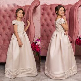 vintage satin flower girl dresses short sleeve jewel neck little girl wedding dresses beads cheap communion pageant dresses gowns