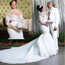 Luxury Mermaid Wedding Dresses African Beaded Crystals Applique Long Sleeves Wedding Gowns Sheer Neck Vestidos De Plus Size Bridal Dress
