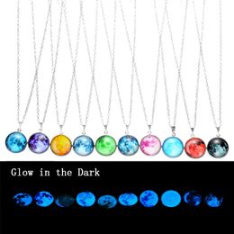 Luminous Galaxy Universe nebula Necklaces Glow in The Dark Cabochon Glass Star Moon pendant Silver chain For Women Men Fashion Jewellery