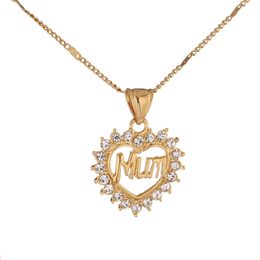 Fashion Cute Alphabets Mum Heart Pendant Necklace Trendy Rhinestone Gold Colour Heart Women Charm Jewellery Gift