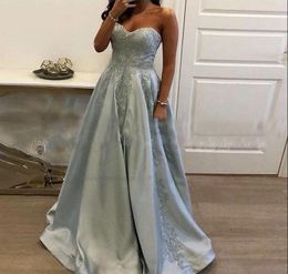 Cheap Sweetheart A-line Prom Dress lace Appliques Beading Floor Length Girls Party Dress Custom Made Satin Blue Formal Evening Gown