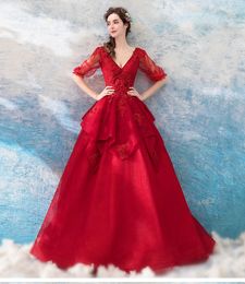 2019 New A-line Gothic Red Wedding Dresses With Half Sleeves V Neck Corset Back Floor Length Lace Non White Bridal Gowns With Colour