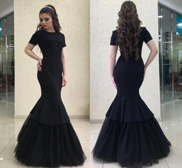 Short Sleeve Black Mermaid Evening Dresses O-Neck Simple Long Evening Gowns Tulle Skirt African Prom Dresses