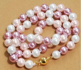 Hand knotted charming natural 8mm white & pink & purple shell pearl round beads necklace 45cm fashion jewelry