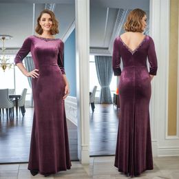 Fashion Mother of the Bride Dresses 3/4Long Sleeves Lace Crystal Evening Gowns Custom Made Backless Floor Length Wedding Guest Dress