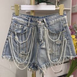 Women 2020 New Summer Rhinestone Pearls Tassels Beads High Waist Denim Shorts Female Casual Wide Leg Jeans Chic Wild Shorts Y109