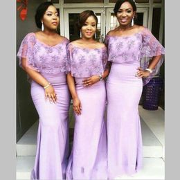 African Mermaid Bridesmaid Dresses Long Lace Wrap Satin Wedding Guest Dresses Floor Length Maid Of Honor Gowns Cheap Plus Size