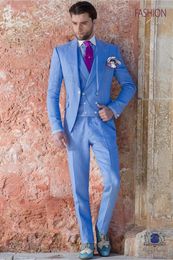 New Arrival One Button Blue Wedding Groom Tuxedos Peak Lapel Groomsmen Men Suits Prom Blazer (Jacket+Pants+Vest+Tie) W56