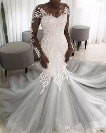 Lace Mermaid Wedding Dresses V Jewel Neck Appliqued Sweep Train Long Sleeve Country Bridal Gowns Custom Made Beach Wedding Dress Plus Size