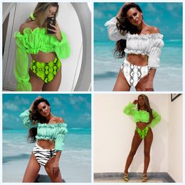 Sexy neon green bikini set Mesh long sleeve swimsuit female High waist bikini Snake print swimwear Bathing suit women biquini