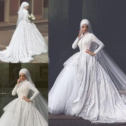 Långärmad hög nacke muslim bröllopsklänningar applikationer knäppas upp tillbaka kapell tåg satin pärlor plus storlek brudklänningar bröllopsklänningar