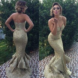 2019 New Unique Design Mermaid Gold Sequin Evening Dresses Sweetheart Ruffles Fishtail Train Pageant Gowns Sexy Front Split Red Carpet Dress