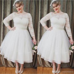 Long Sleeves Short Wedding Dresses Plus Size Wedding Dresses Illusion Bateau Neck Tea length Beach Backless Satin Wedding Dress Bridal Gowns