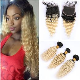 #1B/613 Blonde Ombre Deep Wave 3Bundles Brazilian Virgin Hair with Closure Ombre Blonde Black Roots Human Hair Weaves with 4x4 Lace Closure