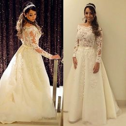 Elegant Princess Wedding Gowns With Long Sleeve A-line Tulle Appliqued Lace Sheer Vintage Wedding Dresses Robe De Mariee Plus Size