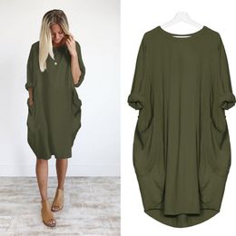 Womens Plus Size Spring Long Sleeve Pockets Hoodie Loose Baggy Midi Dress Solid Color Crew Neck Oversized Loose Tunic Tops #YL5