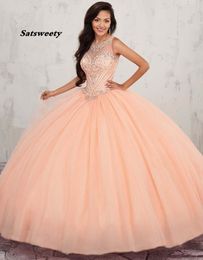 Beaded Crystals Ball Gown Quinceanera Dresses Keyhole Back Sweet 16 Dress Prom Party Gowns Plus Size