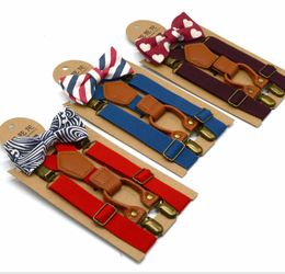 Children Y-shape Suspender boys girls 4 clip elastic suspender+stripe printed Bows tie 2pcs sets kids adjustable smooth belts Y2597