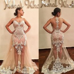 2020 New Attractive Back Evening Gowns Overskirt Lace Dresses To Wear To A Event Sheer Skirt Plus Size Vestidos