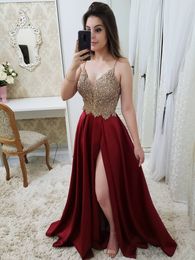 Sexy V Neck Pink Burgundy Red Navy Blue Prom Dresses Long 2020 Beaded Appliques Reflective Dress Side Slit Evening Party Gowns250i