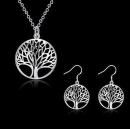 Hot sales Fashion Women Hollowing Tree Life Disc Pendant Necklace and Earrings Jewellery Set Plated Golden silvery