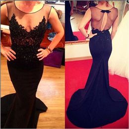 black 2020 New African See through back Formal Long Evening gowns crew Mermaid Beaded lace Women Cheap Prom Dresses vestidos de gala