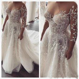 sexy cheap lace arabic wedding dresses sheer neck long sleeves bridal dresses aline tulle wedding gowns zj553