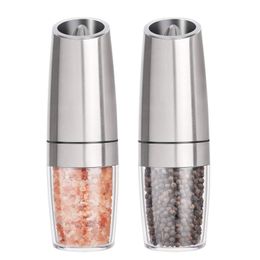 2pcs Gravity Electric Salt and Pepper Grinders Set - Battery Operated Stainless Steel Automatic Pepper Mills with Blue Led Kitchen Tools