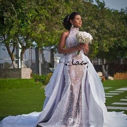 Modest African Wedding Dresses with Detachable Train 2019 High Neck Puffy Skirt Sima Brew Country Garden Royal Plus Size Wedding G279K