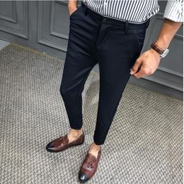 2019 Summer Man Slim Pants male smart Casual Trousers Plaid Thin Summer New Fashion Men Business Suit Pant Black Navy Blue