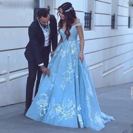 Blue Prom Dresses Off The Shoulde A Line Gowns With Ivory Appliqued Long Evening Gowns