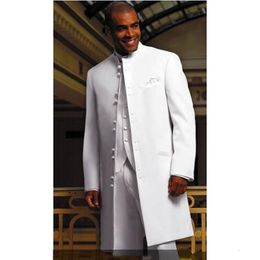 New Arrival Long White Groom Tuxedos Stand Collar Groomsmen Mens Wedding Business Prom Suits (Jacket+Pants+Vest+Tie) 468
