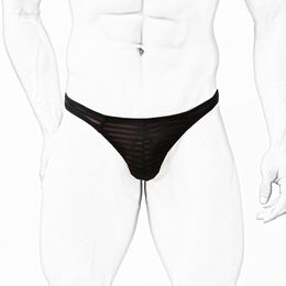 Men's thong, icy silk, ultra thin, translucent t-pants, low waist, sexy, striped underwear, men's exposed butt FREE SHIPPING