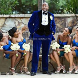 New Design One Button Blue Velvet Groom Tuxedos Peak Lapel Groomsmen Mens Suits Wedding/Prom/Dinner Blazer (Jacket+Pants+Vest+Tie) K253