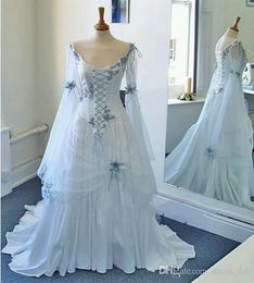 2020 New Corset Wedding Dresses Pattern Scoop Neckline Vintage Long Bell Sleeves Appliques Flowers White and Pale Blue Mediaeval Bridal Gowns