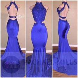 Halter Neck Royal Blue Prom Dresses Lace Backless Formal Evening Gowns Satin 18 Party Girls Pageant Dress
