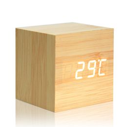 Digital Thermometer Wooden LED Alarm Clock Backlight Voice Control Wood Retro Glow Desktop Table Luminous Alarm Clocks