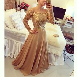 Gold Shoulder Elegant Off Evening Dresses Long Sleeves Chiffon Floor Length Beaded Waist Formal Prom Party Gown Lace 2019 Custom Made