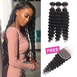 Ishow Buy 3 PCS Human Hair Bundles Weft Get One Free Part Closure for Women All Ages 8-28inch Natural Black Colour Extensions Indian Brazilian Deep Wave Peruvian