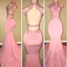 Sexy Backless Pink 2019 Prom Dresses Satin Open Back Mermaid Pageant African Lace Sequins Evening Vestido de noche Formal Long Party Gowns