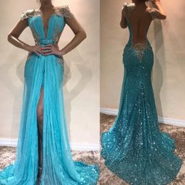 Deep V Neck Prom Dresses Sequins Lace Appliques Capped Short Sleeves Sexy Backless Party Gowns Front Split Formal Evening Dresses