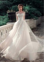 Glamorous Tulle & Satin Bateau Neckline A-Line Wedding Dresses With Lace Appliques Long Sleeves Bridal Dress vestido de noiva 2020 New